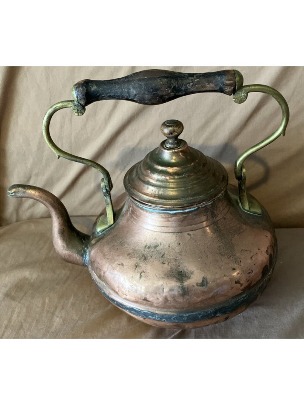 Antique Copper Tea Kettle With Wooden Handle 10” Tall